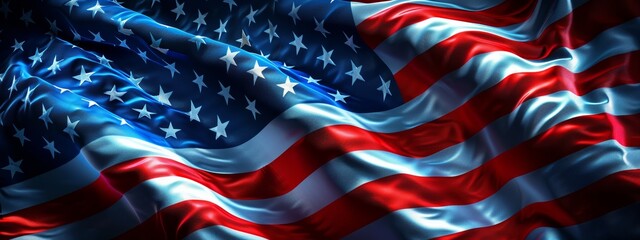 The American flag is shown with a silky texture, its stars and stripes flowing elegantly, symbolizing the nation's values of freedom and democracy. - obrazy, fototapety, plakaty