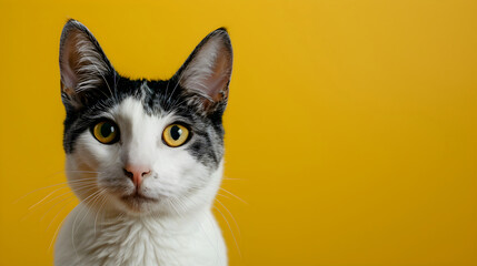 Obraz premium Close up portrait of black and white cat isolated on yellow background with copy space for text looking at the camera. Banner for pet shop with japanese bobtail cat. Backdrop with animal for poster.