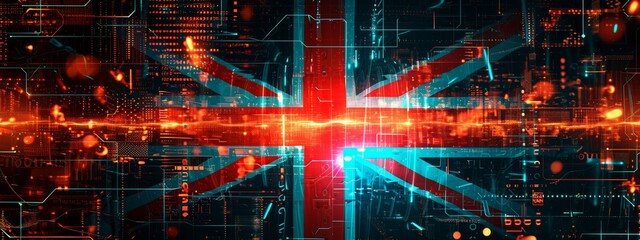 The Union Jack flag interwoven with digital circuitry and lights, symbolizing the intersection of British tradition and technological innovation.