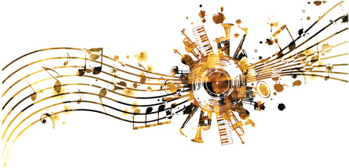 Golden musical promotional poster with musical instruments and notes isolated-vector illustration. Artistic playful design with vinyl disc for concert events, music festivals and shows. Party flyer - 715692642