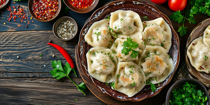 Traditional dumplings in a plate with herbs