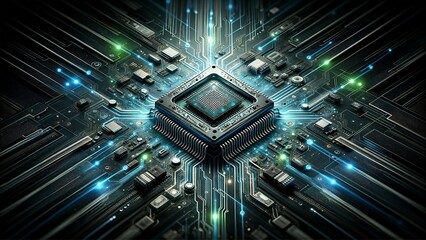 Theme of a microchip with a high-tech aesthetic.