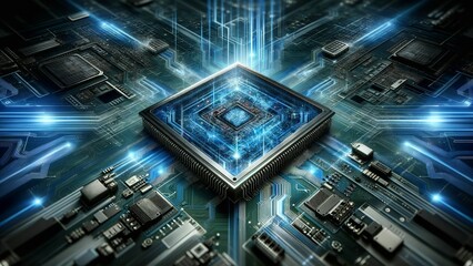 Theme of a microchip with a high-tech aesthetic.
