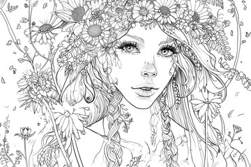 Fototapeta premium beautiful young woman portraits, faces, flowers on a white background. coloring book for adults