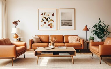 Cool interior design. Mid-century modern living room with tan leather sofa, geometric rug and vintage art prints. Indoor plants. AI Generative.