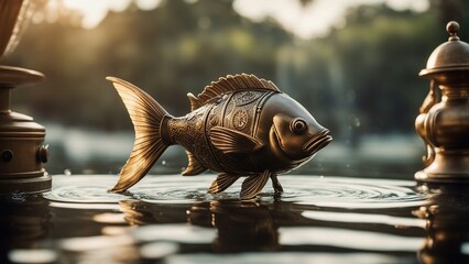       A steampunk scene of a metal tropical fish swimming in a pond, with a fountain  - obrazy, fototapety, plakaty
