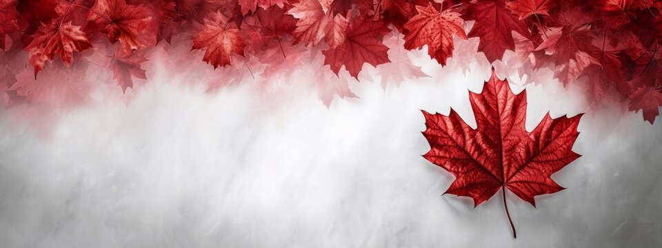 A striking maple leaf, symbolic of the Canadian flag, is framed by a halo of autumn leaves, illustrating the country's rich, seasonal tapestry and national identity.