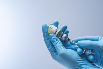 Doctor in blue latex gloves fill in syringe with vaccine from glass vial. Vaccination,...