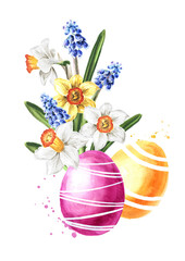 Colored Easter eggs in the green grass, spring flowers and yellow chicks. Hand drawn watercolor illustration isolated on white background  copy
