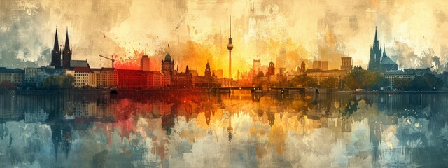 A watercolor cityscape at sunset captures the serene beauty of reflections on water with warm, golden hues blending into the urban silhouette.