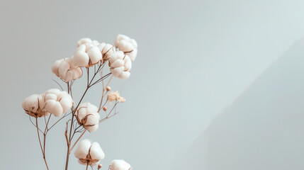 Delicate cotton branch on grey background. Minimal composition from delicate cotton flowers for design.