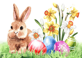 Happy Easter card, wreath with colored eggs, spring twigs and little rabbit, Hand drawn watercolor illustration isolated on white background 