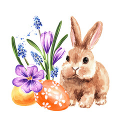 Happy Easter card, wreath with colored eggs, spring twigs and little rabbit, Hand drawn watercolor illustration isolated on white background 