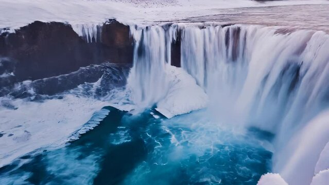 In the biting cold, cascading water forms a grand waterfall surrounded by ice and snow.
