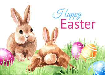 Happy Easter card, wreath with colored eggs, spring twigs and little rabbit, Hand drawn watercolor illustration isolated on white background 