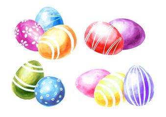 Colored Easter eggs in the green grass, spring flowers and yellow chicks. Hand drawn watercolor illustration isolated on white background  copy