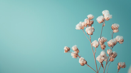 Branch with white fluffy cotton flowers on blue background. Delicate light beauty cotton background. Natural organic fiber, agriculture, cotton seeds, raw materials for making fabric. 