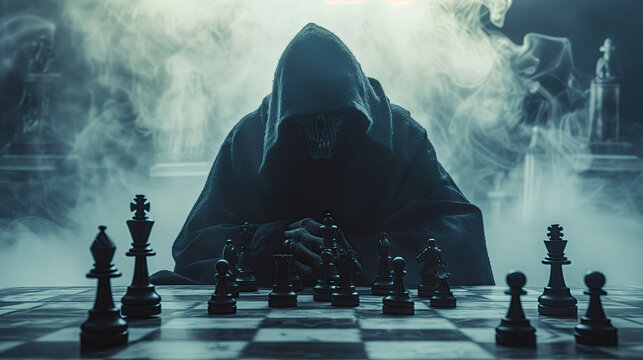 Chess board game concept of business idea, Grim Reaper is playing chess.