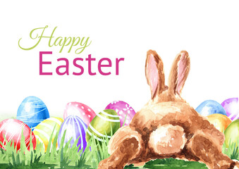 Happy Easter card, wreath with colored eggs, spring twigs and little rabbit, Hand drawn watercolor illustration isolated on white background 