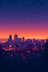 Obraz premium A vintage travel poster of Montreal city skyline at night with abstract shapes of landmarks and buildings. Suitable for travel promotions and vintage-style decor.