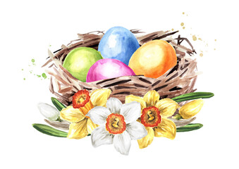 Colored Easter eggs in the green grass, spring flowers and yellow chicks. Hand drawn watercolor illustration isolated on white background  copy