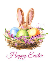 Happy Easter card, wreath with colored eggs, spring twigs and little rabbit, Hand drawn watercolor illustration isolated on white background 