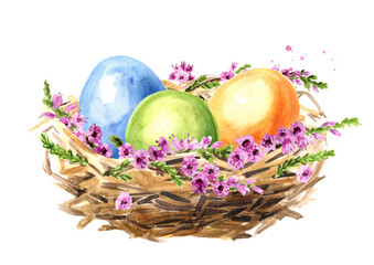 Colored Easter eggs in the green grass, spring flowers and yellow chicks. Hand drawn watercolor illustration isolated on white background  copy