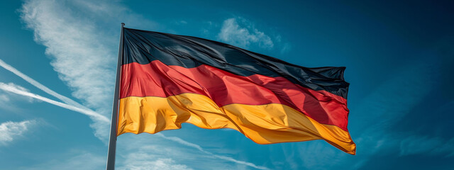 A dynamic image of the German flag waving against a blue sky, conveying a sense of pride and motion, embodying the spirit of the nation. - Powered by Adobe