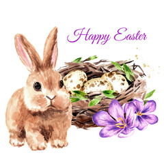 Happy Easter card, wreath with colored eggs, spring twigs and little rabbit, Hand drawn watercolor illustration isolated on white background 