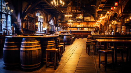 Fototapeta na wymiar Professional photo of an old beer pub with beer barrels. The atmosphere of a traditional beer pub. Generative AI
