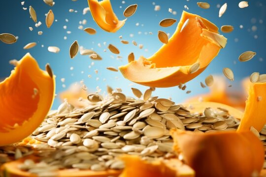 Atmospheric photo of pumpkin explosion, smashed pumpkin, pumpkin pieces and seeds scatter to the sides on a sky blue background. Concepts: pumpkin dishes, food styling, harvest, halloween