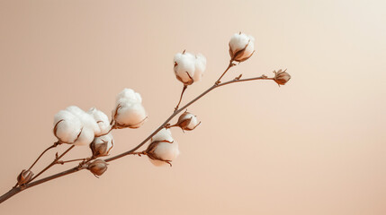Delicate cotton branch on beige background. Minimal composition from delicate cotton flowers for design.