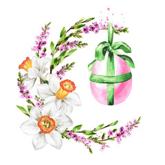 Happy Easter card, wreath with colored egg and spring flowers, Hand drawn watercolor illustration, isolated on white background 
