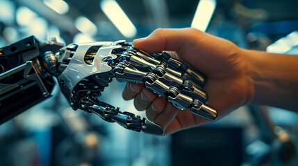  human hand and robotic hand touching, symbolizing Connection between man and machine 