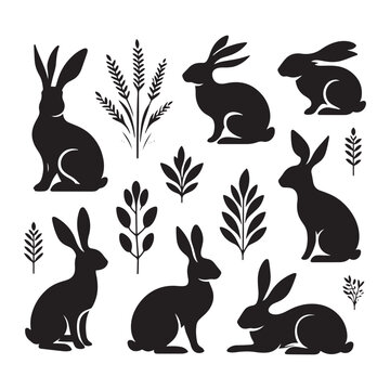 Mystical Meadows: A Whimsical Collection of Rabbit Silhouettes in Nature's Enchantment - Rabbit Illustration - Bunny Vector
