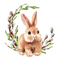 Happy Easter card, wreath with colored eggs, spring twigs and little rabbit, Hand drawn watercolor illustration isolated on white background 
