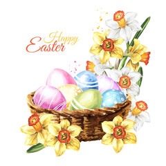 Colored Easter eggs in the green grass, spring flowers and yellow chicks. Hand drawn watercolor illustration isolated on white background  copy