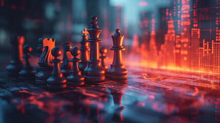 Chess competition Concept of Strategy business ideas, chess business concept with Stock candle charts hologram