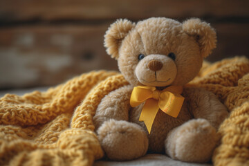 Teddy Bear with yellow ribbon on knitted yellow blanket for supporting childhood Cancer Day campaign 