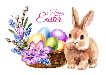 Happy Easter card, wreath with colored eggs, spring twigs and little rabbit, Hand drawn watercolor illustration isolated on white background 