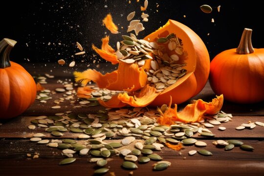 Atmospheric photo of pumpkin explosion, smashed pumpkin, pumpkin pieces and seeds scatter to the sides on a dark background. Concepts: pumpkin dishes, food styling, harvest, halloween