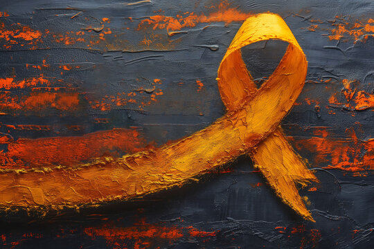 Hand painted Yellow ribbon on gray wood background for supporting childhood Cancer Day campaign 