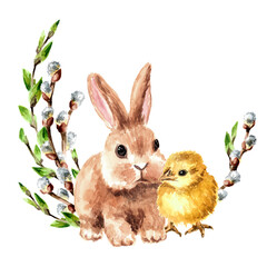 Colored Easter egg, cute rabbit and little chicken. Hand drawn watercolor illustration, isolated on white background  copy