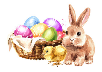 Happy Easter card, wreath with colored eggs, spring twigs and little rabbit, Hand drawn watercolor illustration isolated on white background 