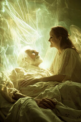Naklejka premium Angel on a bed of dying old man