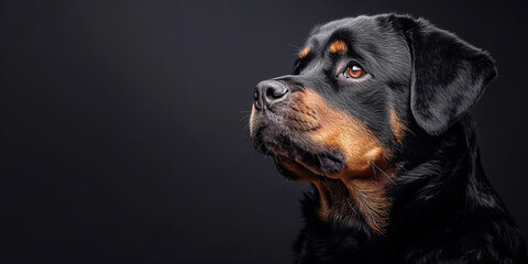 Portrait of a Rottweiler on a dark background, - obrazy, fototapety, plakaty