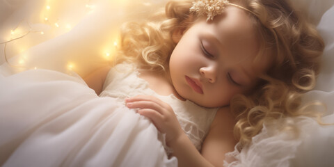Young child sleeping peacefully surrounded by soft lights