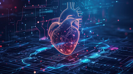Cardiologist doctors examine patient heart functions and blood vessel on virtual interface.	
