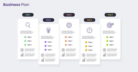 Infographic card design diagram template for 5 step business plan concept