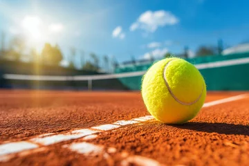 Fotobehang Balle de tennis et raquette sur terre battue en gros plan © Patrick